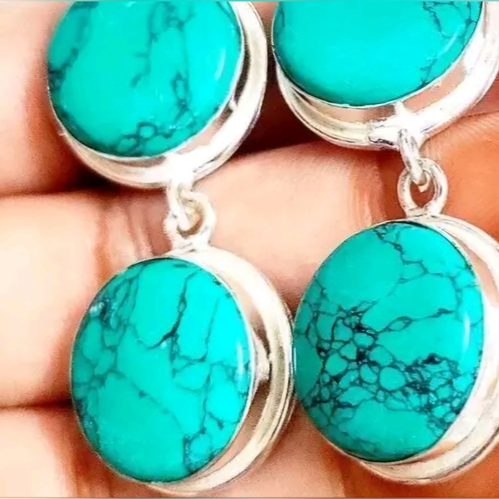 Turquoise Silver Dangle Earrings - Picture 7 of 8
